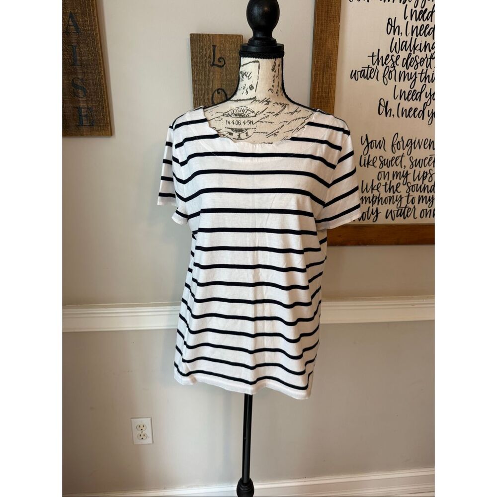 Talbots Women's Striped Pima Cotton Scalloped Neck T-Shirt Navy White Size Large